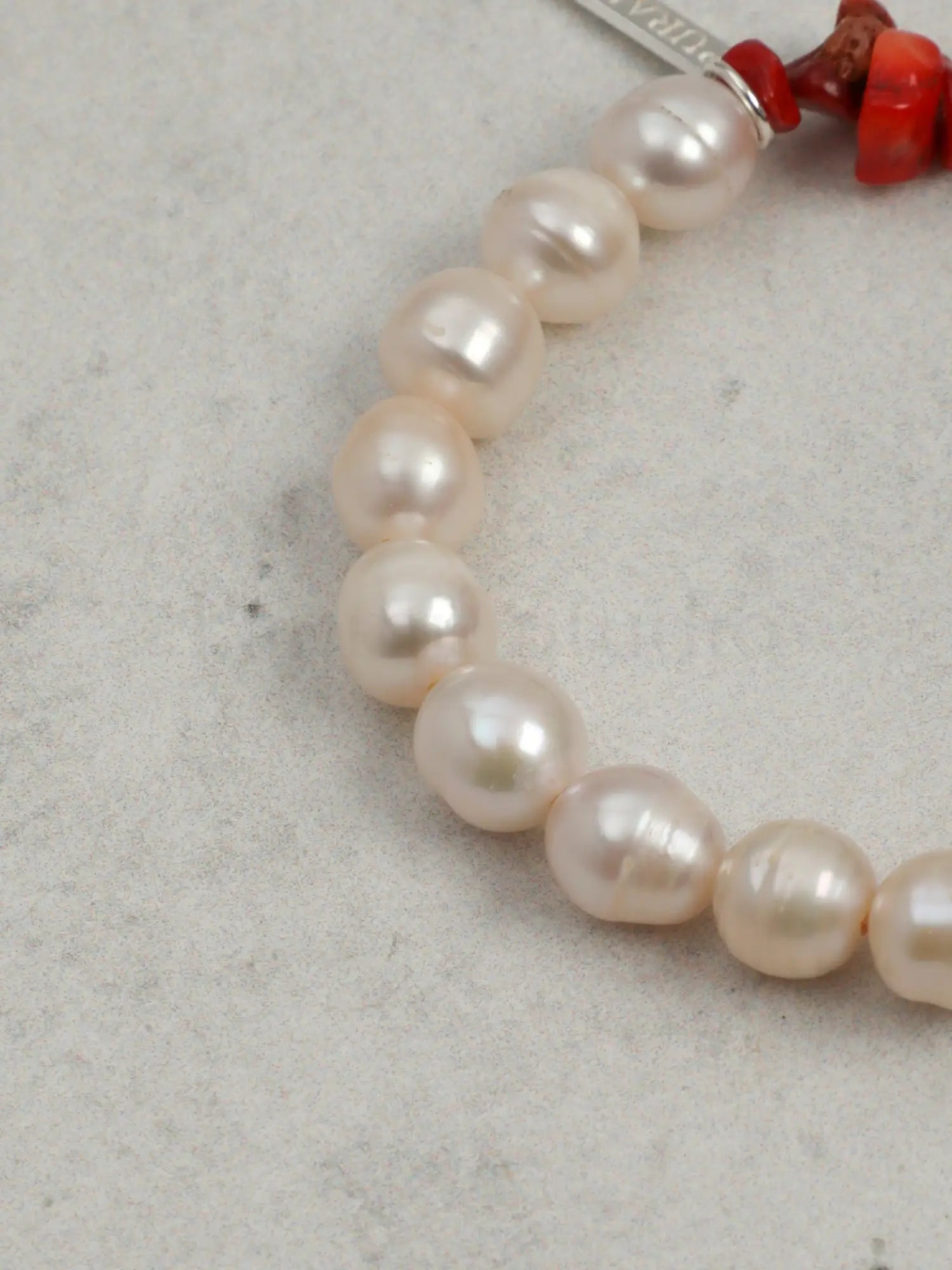 Coral and bamboo freshwater pearl bracelet