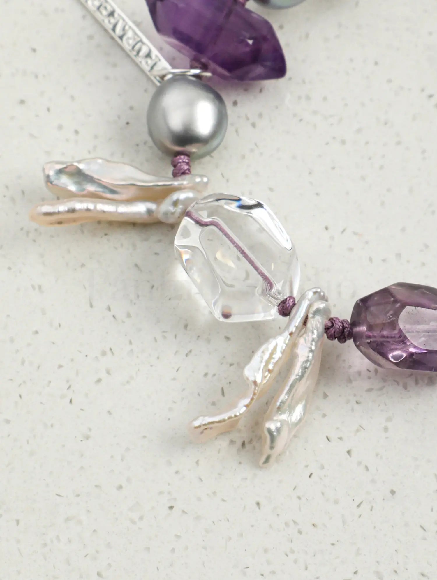 White crystal Amethyst Baroque pearl bracelet