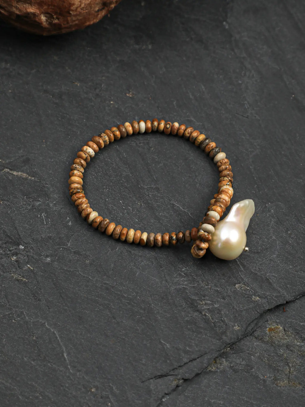 Wood grain stone baroque pearl bracelet